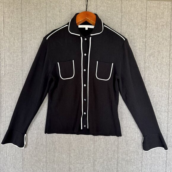 90s Vintage Max Studio Black Stretch Knit w/ White Piping Button Front Shirt - Picture 1 of 13